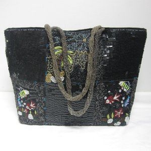 Sequin Beaded Tote Embroidered Tropical Fish Black Satin